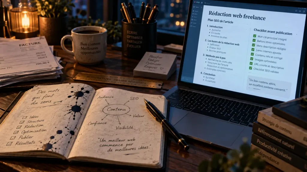 Rédaction web freelance : SEO et stratégie sur un bureau