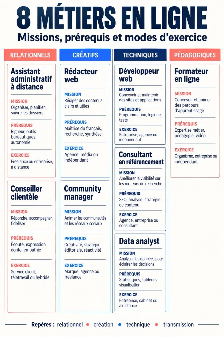 Infographie des principaux métiers en ligne, de leurs compétences et de leurs modes d’exercice