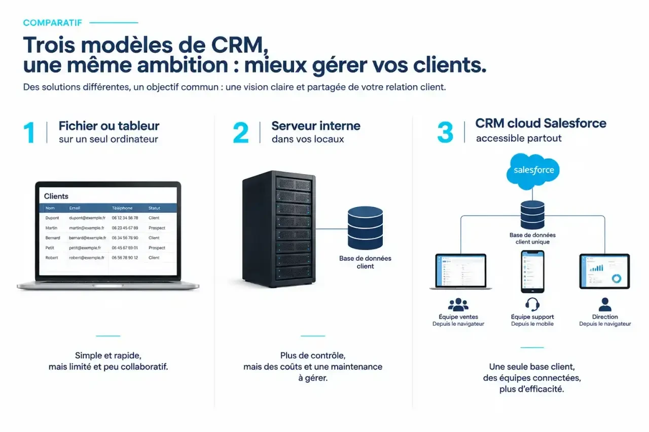 Schéma comparant CRM sur fichier, serveur interne et CRM cloud, pour comprendre ce qu'est Salesforce (sale force)