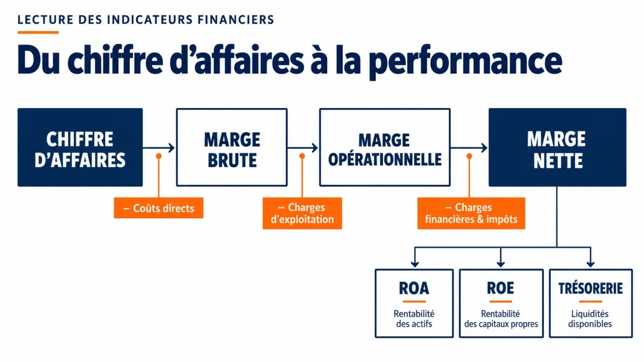 Indicateurs performance netmargin analytics : schéma des marges brute, opérationnelle et nette