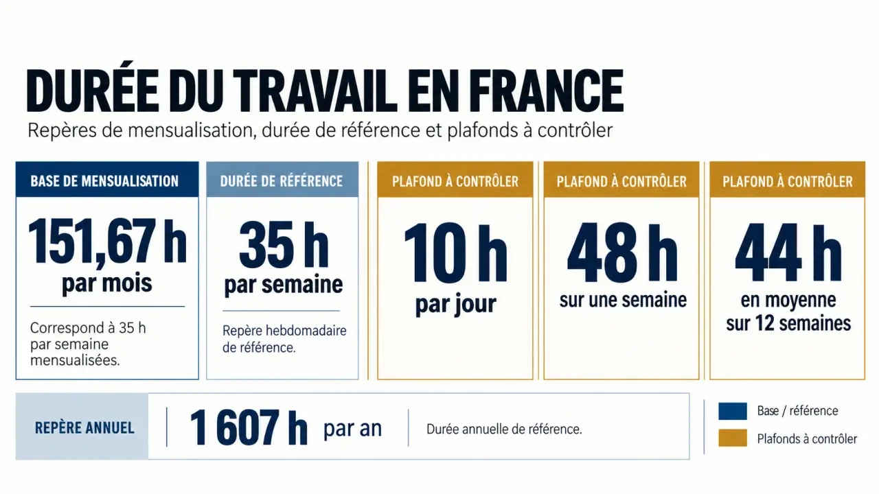 Infographie sur le nombre d heure maximum par mois et les plafonds quotidiens et hebdomadaires du travail