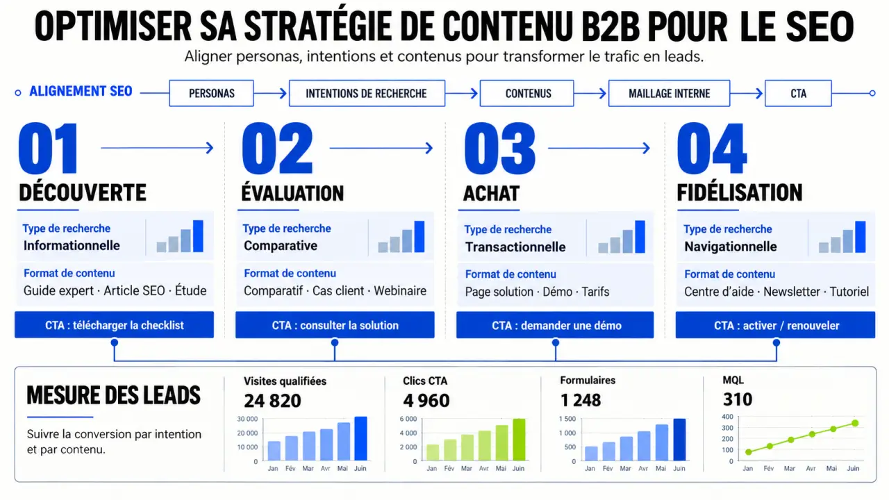 Infographie sur une stratégie de contenu B2B pour booster son SEO, du parcours de découverte à la fidélisation